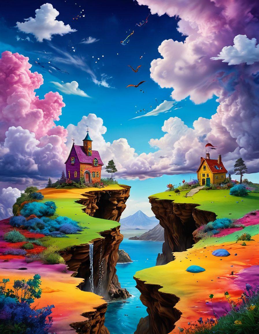 A whimsical scene featuring a colorful, surreal landscape with bizarre holes leading to imaginative adventures. In one hole, a writer is pulling ideas from the void, transforming them into flowing ink that creates a vibrant storybook. Surrounding the holes are playful creatures and magical elements, symbolizing creativity and exploration. The sky is filled with swirling clouds and bright colors, inviting the viewer to dive into the adventure. vivid colors. fantastical style.