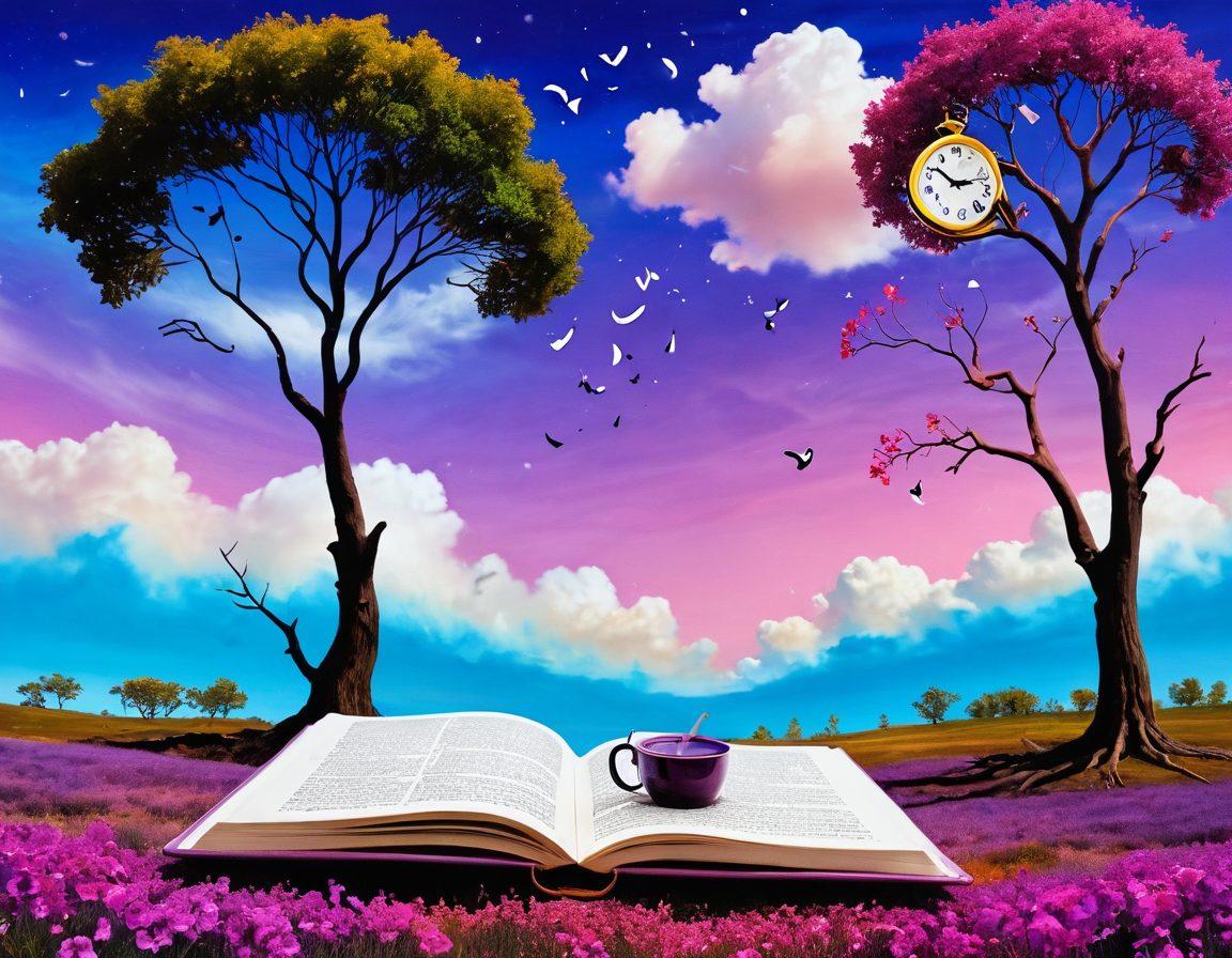 A surreal landscape filled with vibrant colors, showcasing an open notebook with pages turning in the wind, surrounded by whimsical gaps in reality, like floating clocks and upside-down trees. A curious character peeks into one of the gaps, revealing a kaleidoscope of bizarre blogging adventures within. The sky is a dreamy blend of purples and pinks. painting. vibrant colors. fantastical elements.